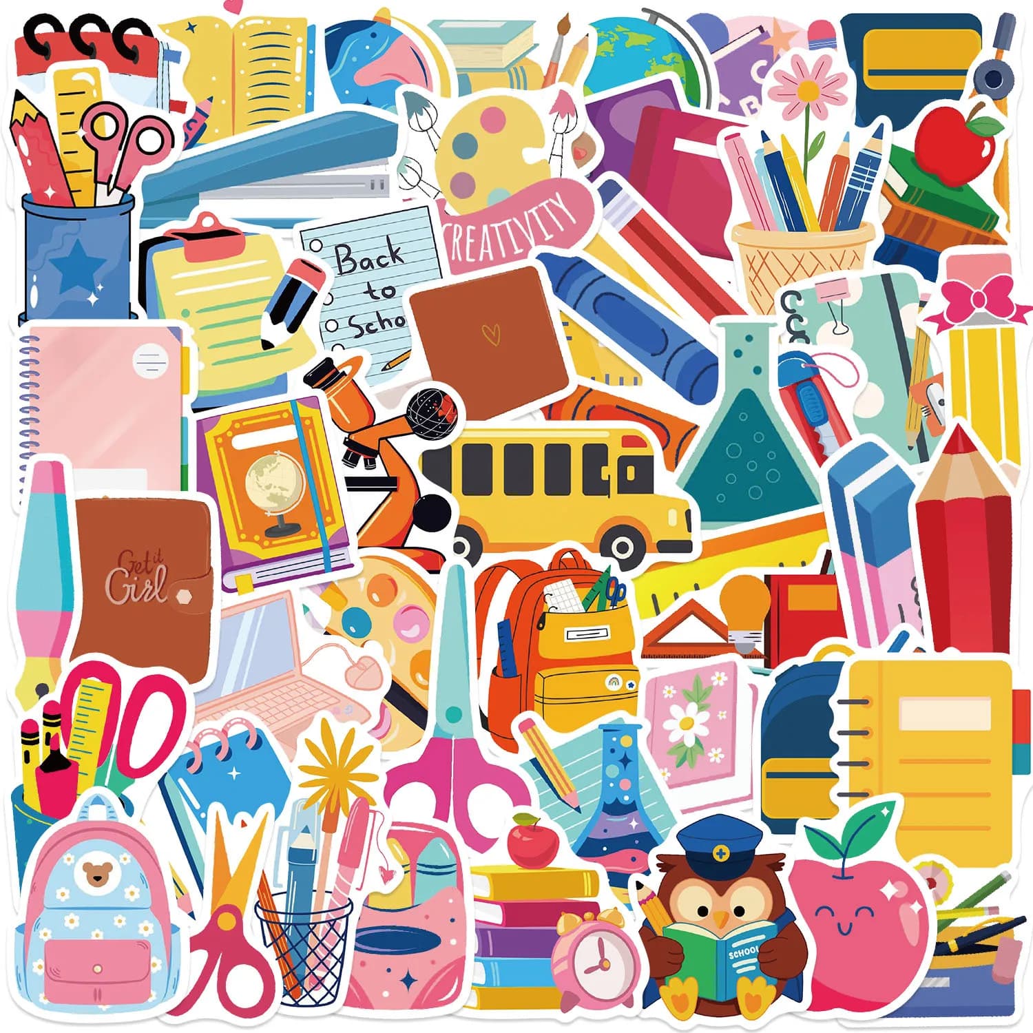 50pcs School Season Aesthetic Stationery Stickers Set with Ruler & Pencil for DIY Diary Laptop Kid Toy PVC School Decoration
