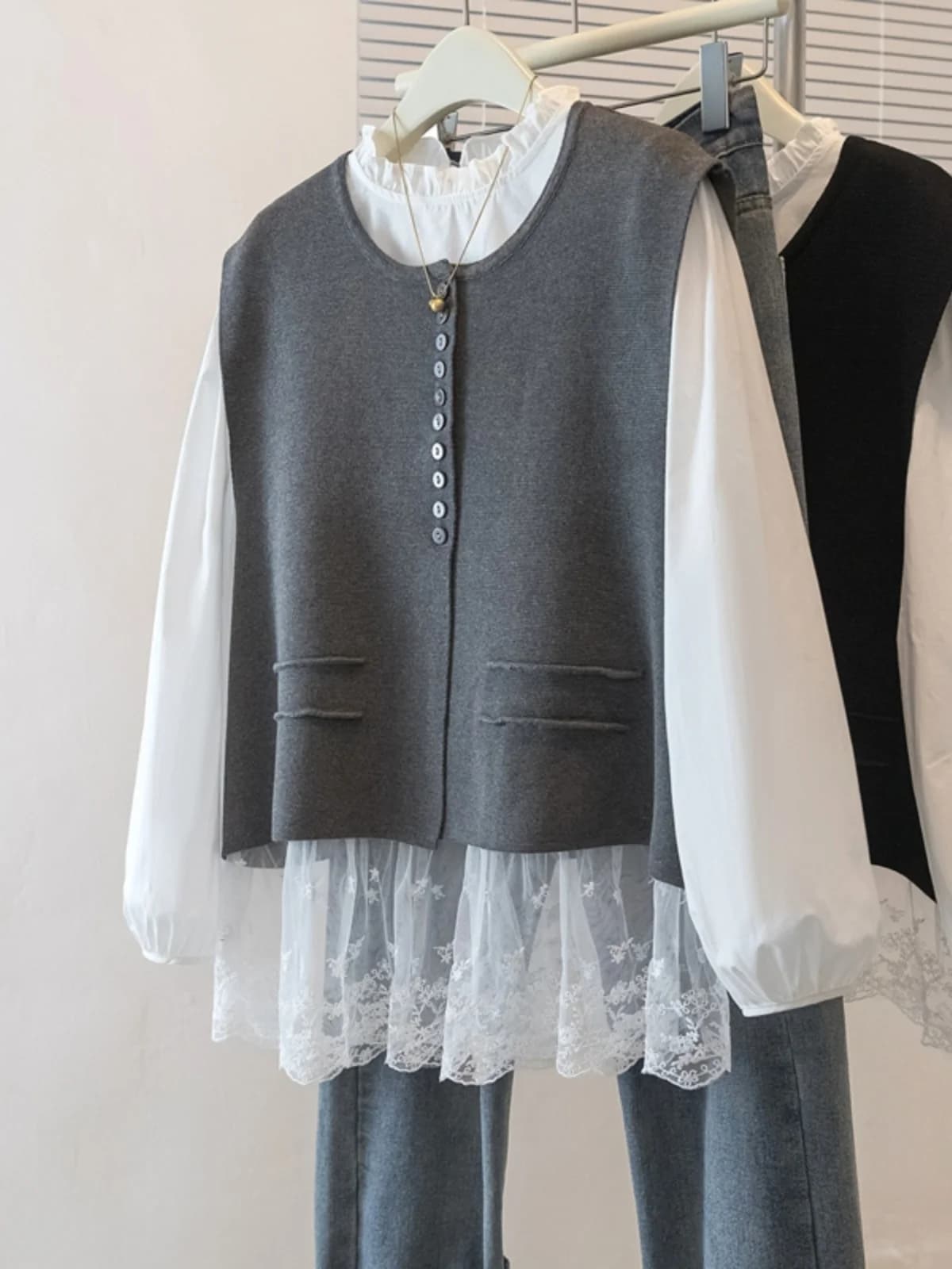Style Knitted Lace Patchwork Fat Concealing Shirt Two-Piece Set Korean Loose Fit Button Detail Regular Length Pure Color