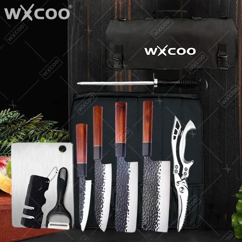 Coltello da Chef WXCOO in Acciaio Inox Forgiato, Coltello Multiuso per Frutta, Coltello con Manico in Legno e Borsa in Tela, Coltello da Disosso