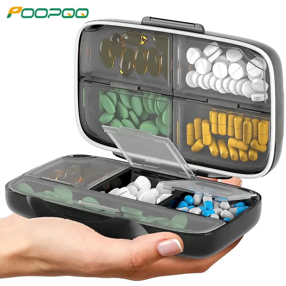 Portable 8 compartment portable pills, travel pills, 1 piece large pill holder for portable vitamin medicines with pocket bag