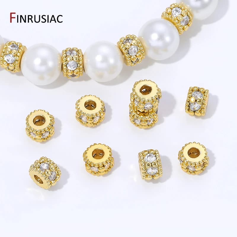 18K gold plated brass round spacers with inlaid zircons for jewelry, beads separators, DIY accessories for the creation of necklaces and bracelets