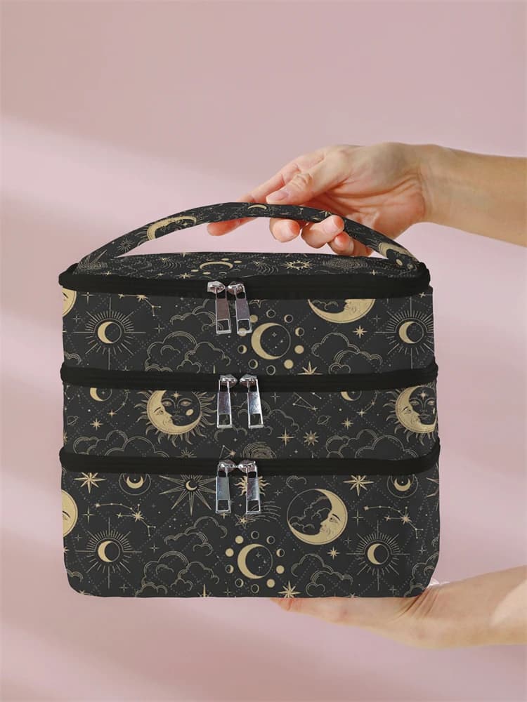 1 pezzo, borsa per cosmetici a 3 strati con motivo luna e stella, borsa per la gestione del trucco multifunzionale, doccia per labbra, portafoglio, cosmetici portatili, rossetto, pennello, borsa per la cura della pelle, borsa per il trucco a 3 strati con motivo cielo stellato