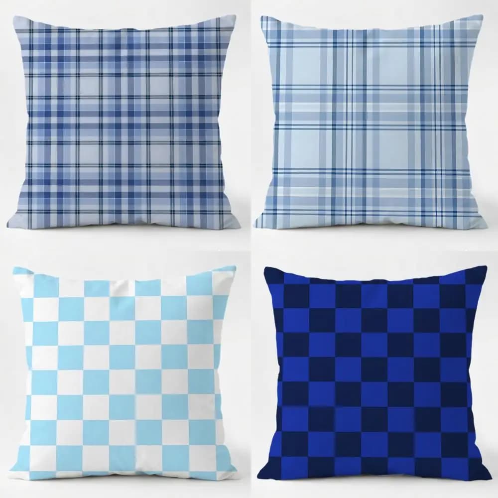 Elegante Copricuscino Blu a Quadri Effetto Rilassante, Morbido e Lavabile in Lino per Divano, Letto e Arredamento Casa