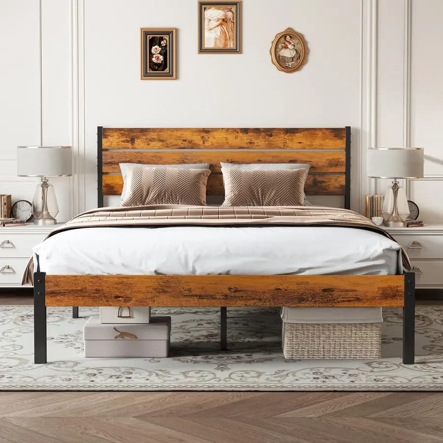 Struttura letto matrimoniale con testiera, base per materasso da 800 libbre con supporto in metallo robusto, contenitore sotto il letto, senza rete a molle