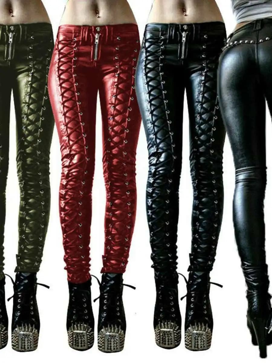 New Women's Pure Color Casual Pants Belted Leather Trousers Punk Style Tight Fit Autumn Season Ladies Fashion