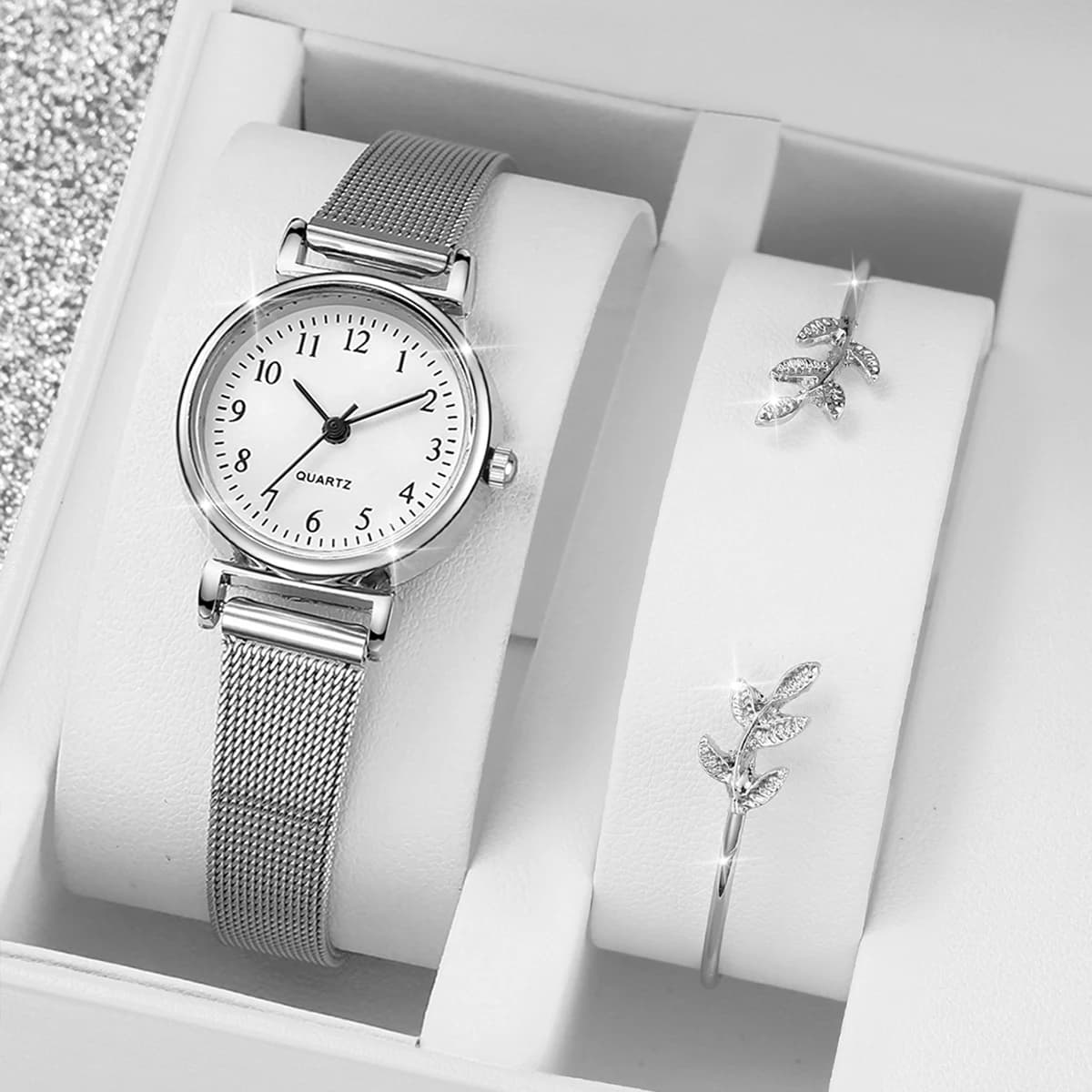 2 pcs fashion arabic dial women's quartz watch stainless steel mesh bracelet set (without box)