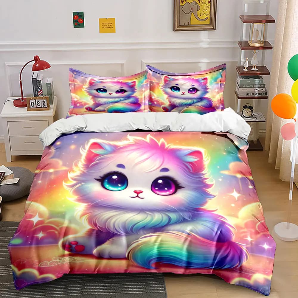 Set Copripiumino con Coda di Gattino Arcobaleno e Design 3D, Set Biancheria da Letto in Morbido Poliestere, Comfort per Tutte le Stagioni, Ideale come Regalo