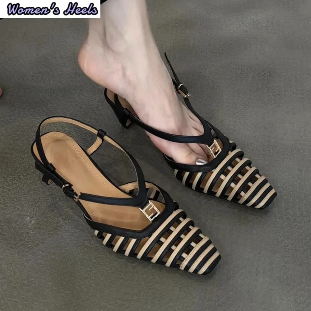 Hlieny Fashion Hollow Out Metal Buckle Woman's Pumps Summer Square Toe Slingback Shoes Low Thin Heels Mules Sandals Women Brown