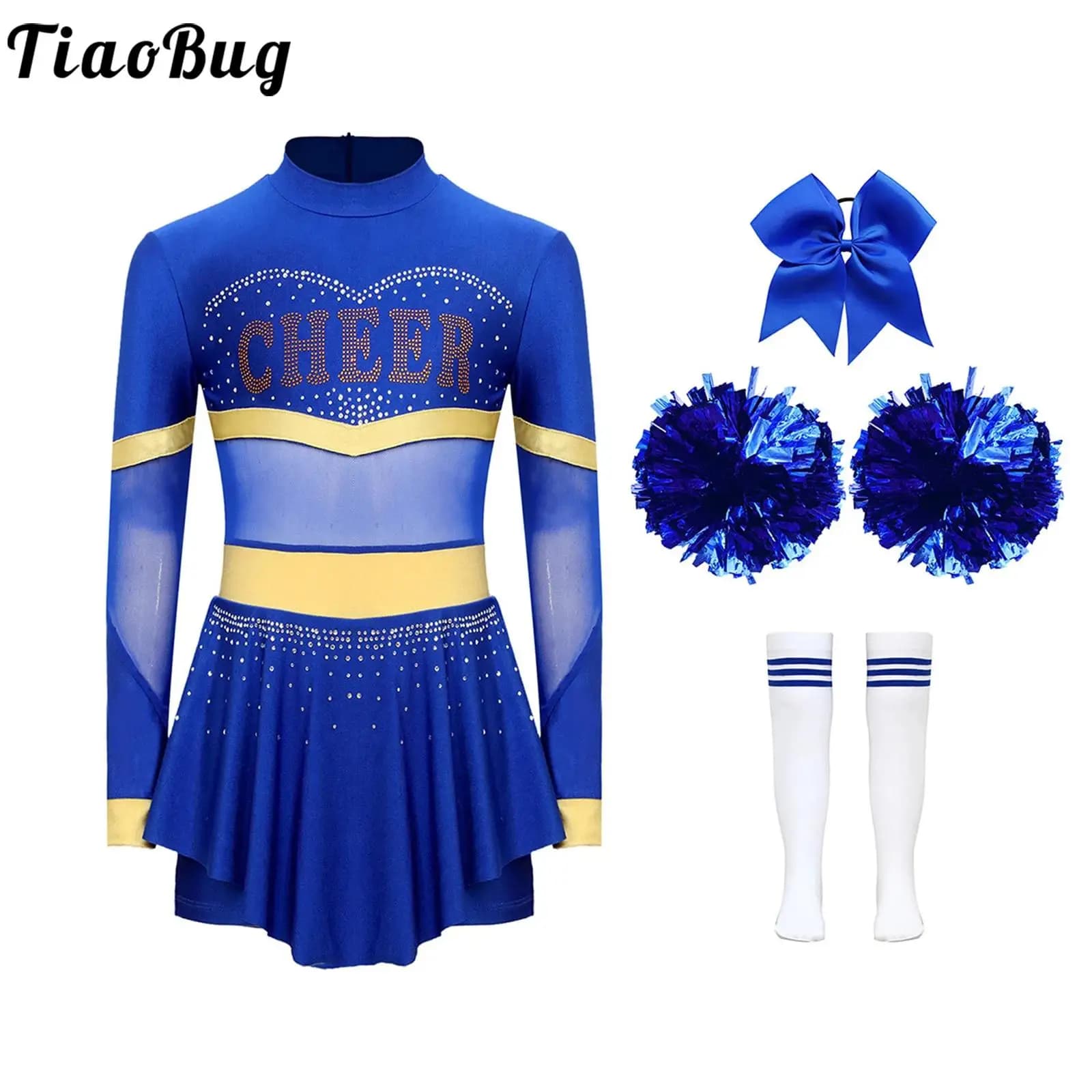 Cheerleader Dresses for Girls Halloween Dress Cheer Costume leader Long Sleeved Dance Dress Body and Socks Dancewear