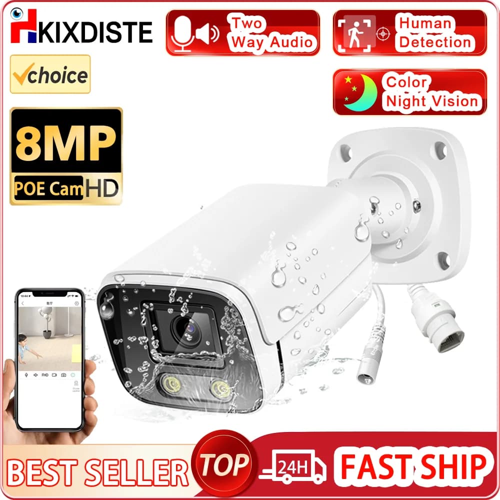 UltraHD 4K (8MP) IP PoE Camera Two-Way Audio Color Night vision Security Outdoor Bullet Camera Human Detection Active Deterrent