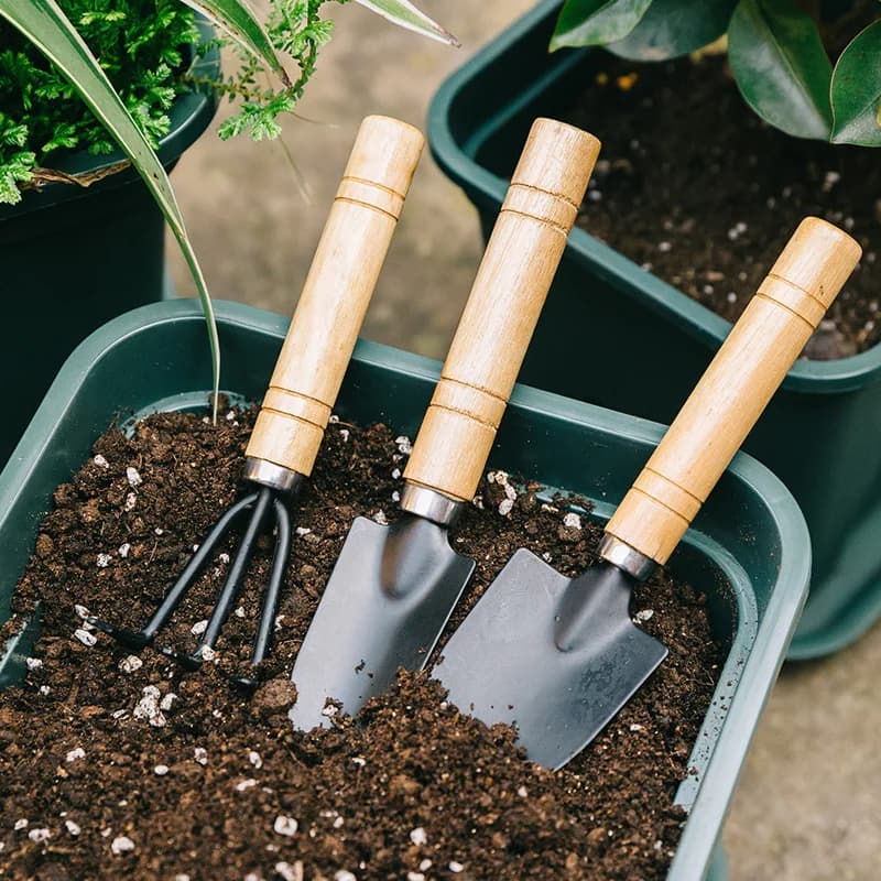 3 pz/set rastrello da giardino pale manico in legno testa di metallo mini strumento per bambini forniture da giardino giardino fai da te fiori pianta diserbo strumento di semina