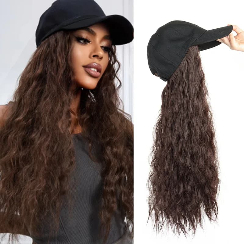 Cappello per parrucca sintetica riccia regolabile da donna con berretto da baseball, estensioni dei capelli istantanei con onde d'acqua per tutti i giorni e feste