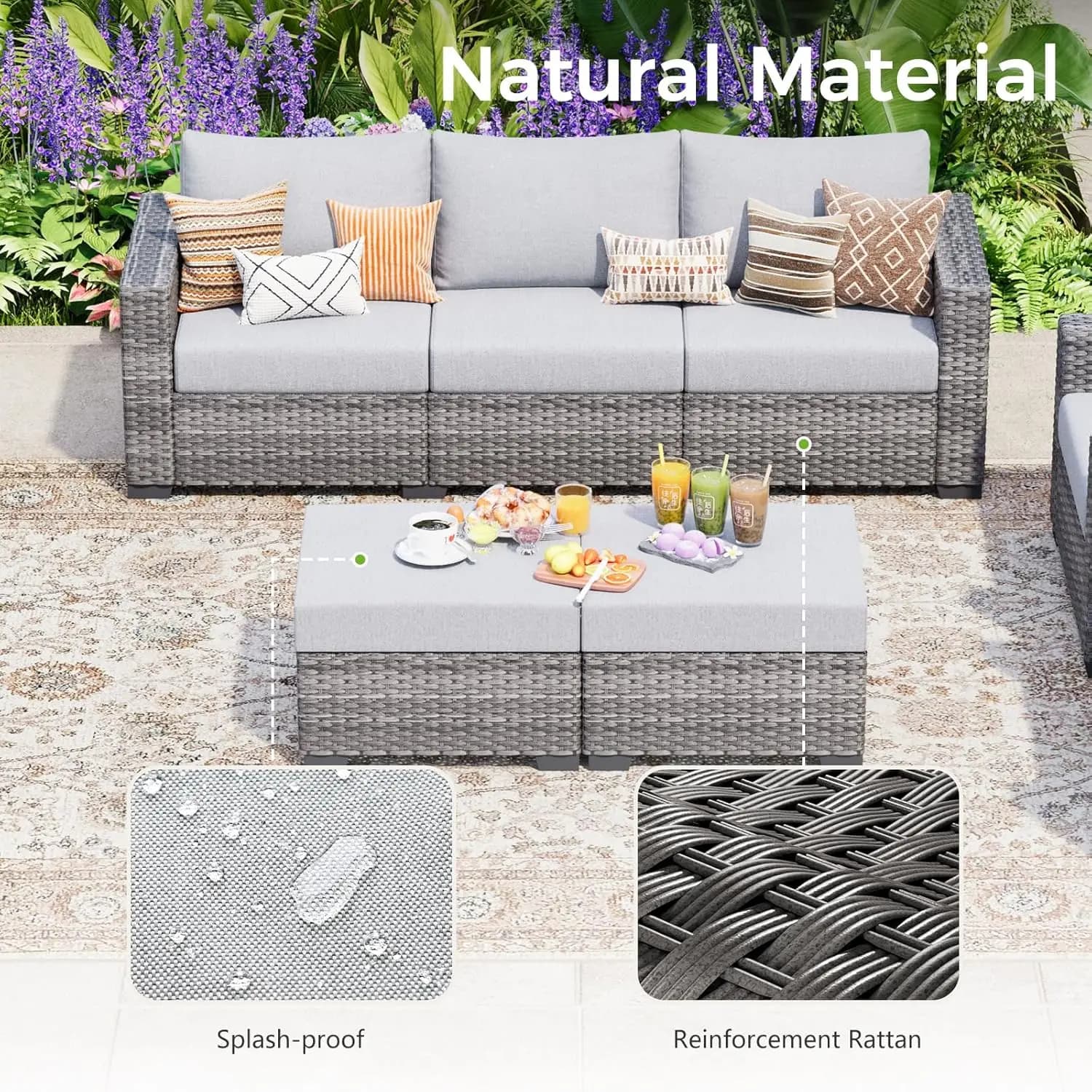Set di Mobili da Giardino in 5 Pezzi, Divano Componibile in Rattan con Cuscini, Copertura Lavabile, Kit Personalizzato per Giardino e Bordo Piscina