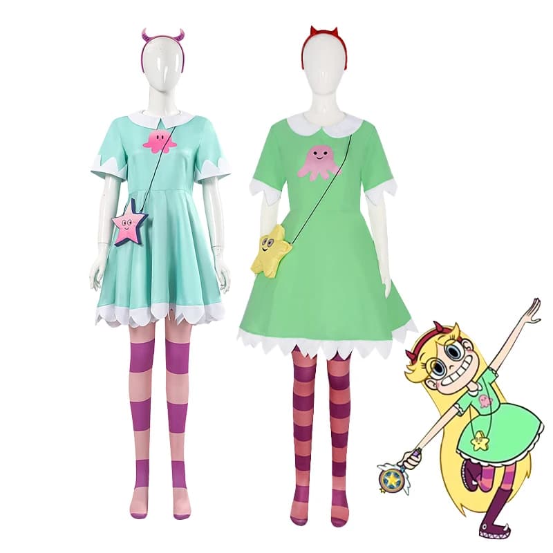 Anime Star Butterfly Cosplay Star Butterfly Star vs. the Forces of Evil Green Dress Wig Headwear Socks Halloween Fancy Costume