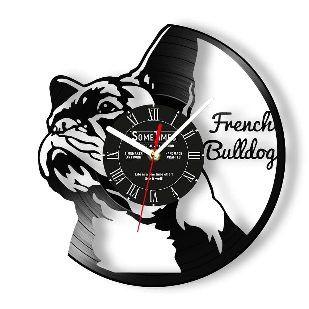 Custom dog name French Bulldog Wall clock with vinyl disc Custom wall clock for Frenchie puppies Made of real musical album Longplay