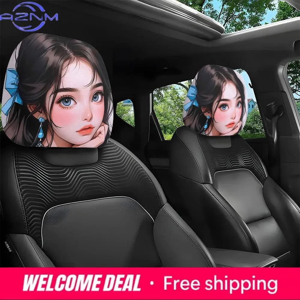 2 Pezzi Copri Poggiatesta Auto Stile Anime Girl/Facili da Installare e Lavare/Copri Poggiatesta e Sedile Auto Stampati