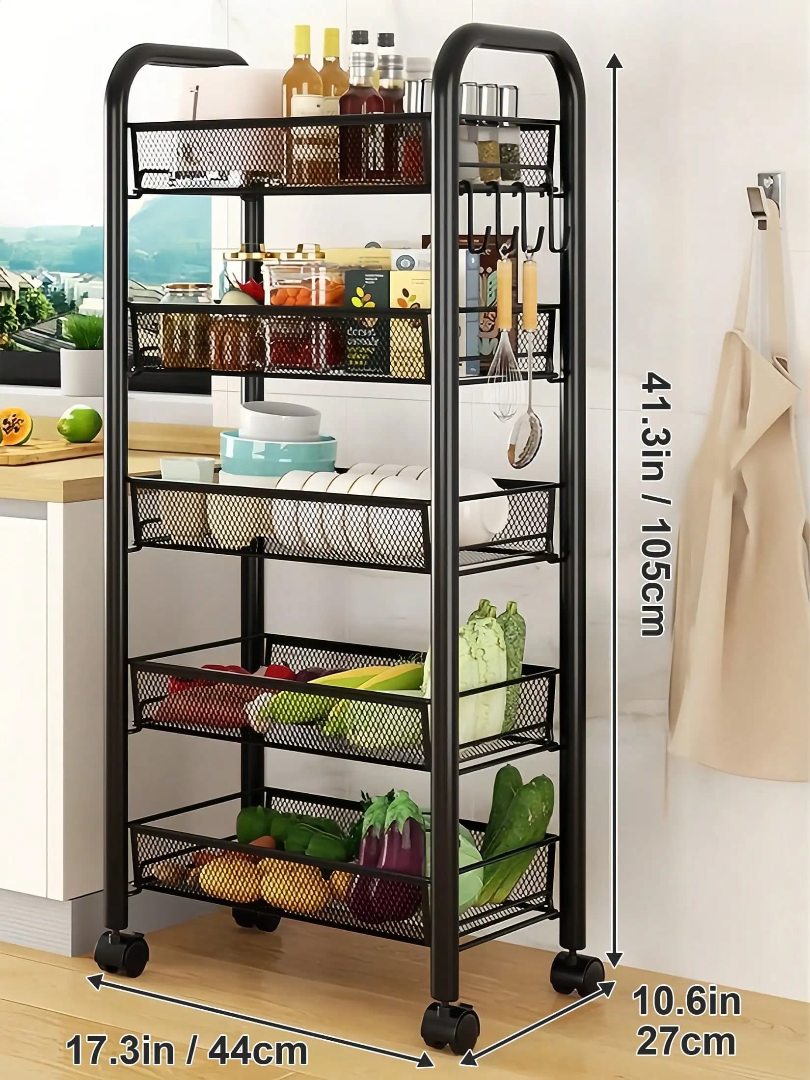 Carrello portaoggetti nero con ruote, robusto organizer multiuso per cucina e bagno