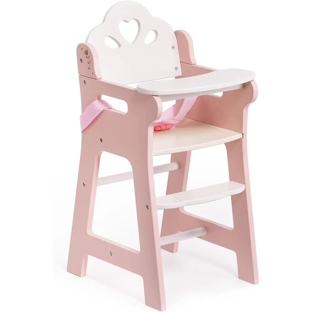 Sedia da gioco in legno per bambini con cintura di sicurezza per bambole da 18 pollici, adatta per bambini dai 3 anni in su, bianco/rosa