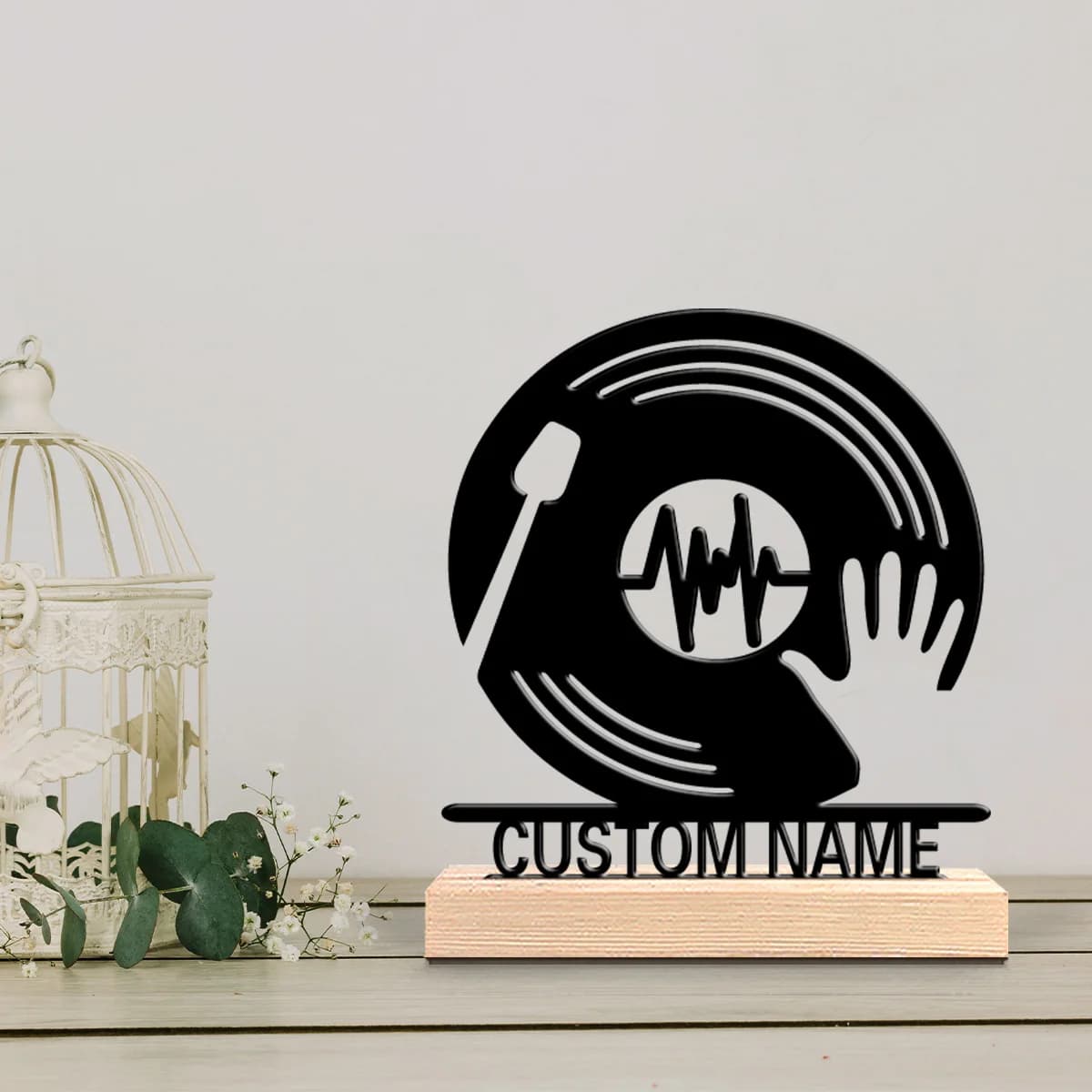 1 statuetta in metallo personalizzata a forma di disco in vinile con base in legno, decorazione da tavolo, regalo per amanti della musica con base in legno