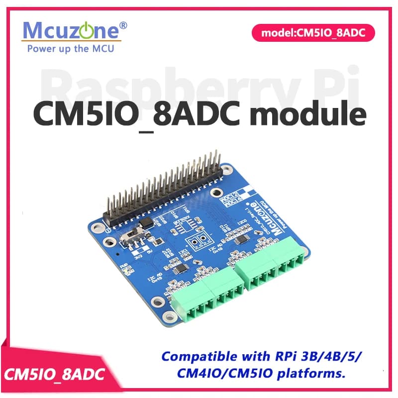 CM5IO 8ADC module for Raspberry Pi CM5,RPi5,4B,3B,CM4; 12-bit ADC or 16-bit ADC, ADS1015, ADS1115,8 input channels