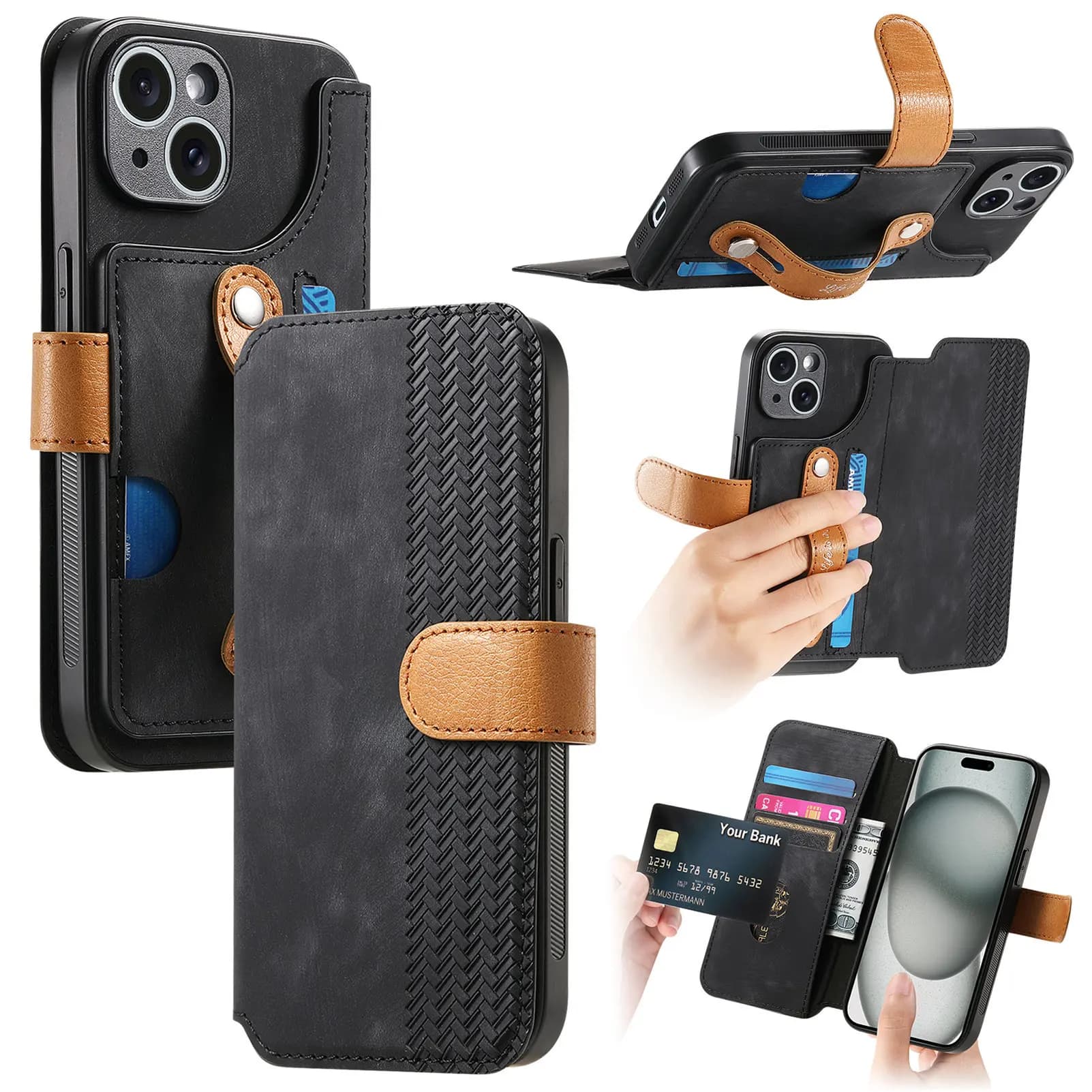 Custodia a Portafoglio da Polso per OPPO A98 A97 A96 A93 A92 A78 A77S A72 in Pelle con Blocco RFID, 4 Scomparti per Carte e Supporto a Scomparsa