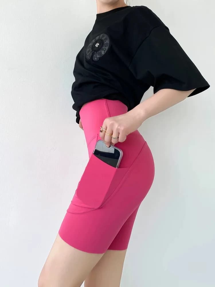 Pantaloncini da Ciclismo Sportivi da Donna in Tessuto Sharkskin, Vita Alta con Tasche, Controllo Pancia, Effetto Push-Up, Pantaloni Sportivi per Yoga