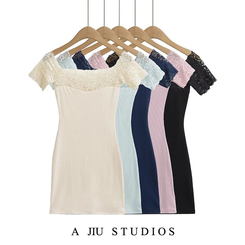 Pure Desire Sexy Lace Splice Slim Fit Bodycon Dress Short Shoulder Summer Casual Wear for Young Women