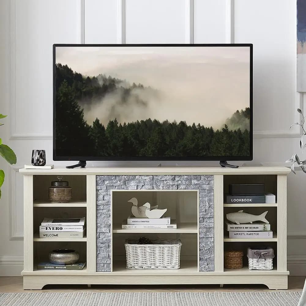 Supporto TV bianco Console multimediale Pietra finta impilata Surround TV da 65 pollici Centro di intrattenimento moderno Gestione dei cavi di archiviazione aperta