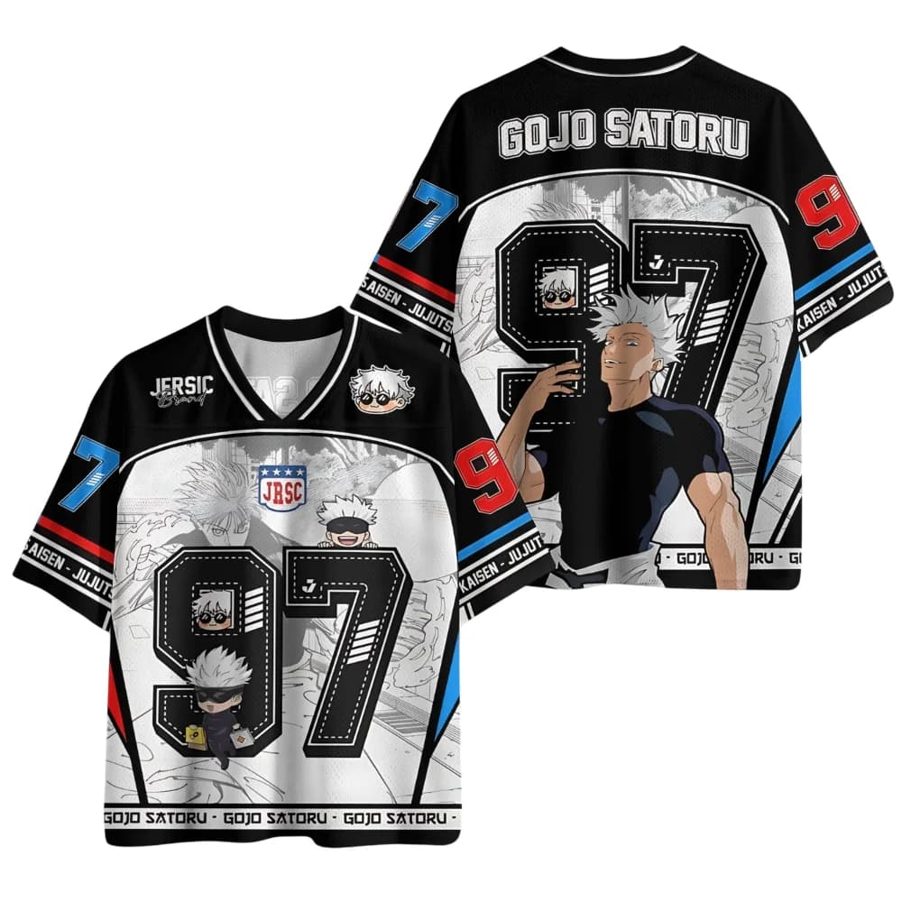 Maglietta Jujutsu Kaisen Gojo Satoru 97 da Uomo, Manica Corta con Scollo a V, Grafica Chibi in Bianco e Nero, per Fan, Abbigliamento Casual Streetwear