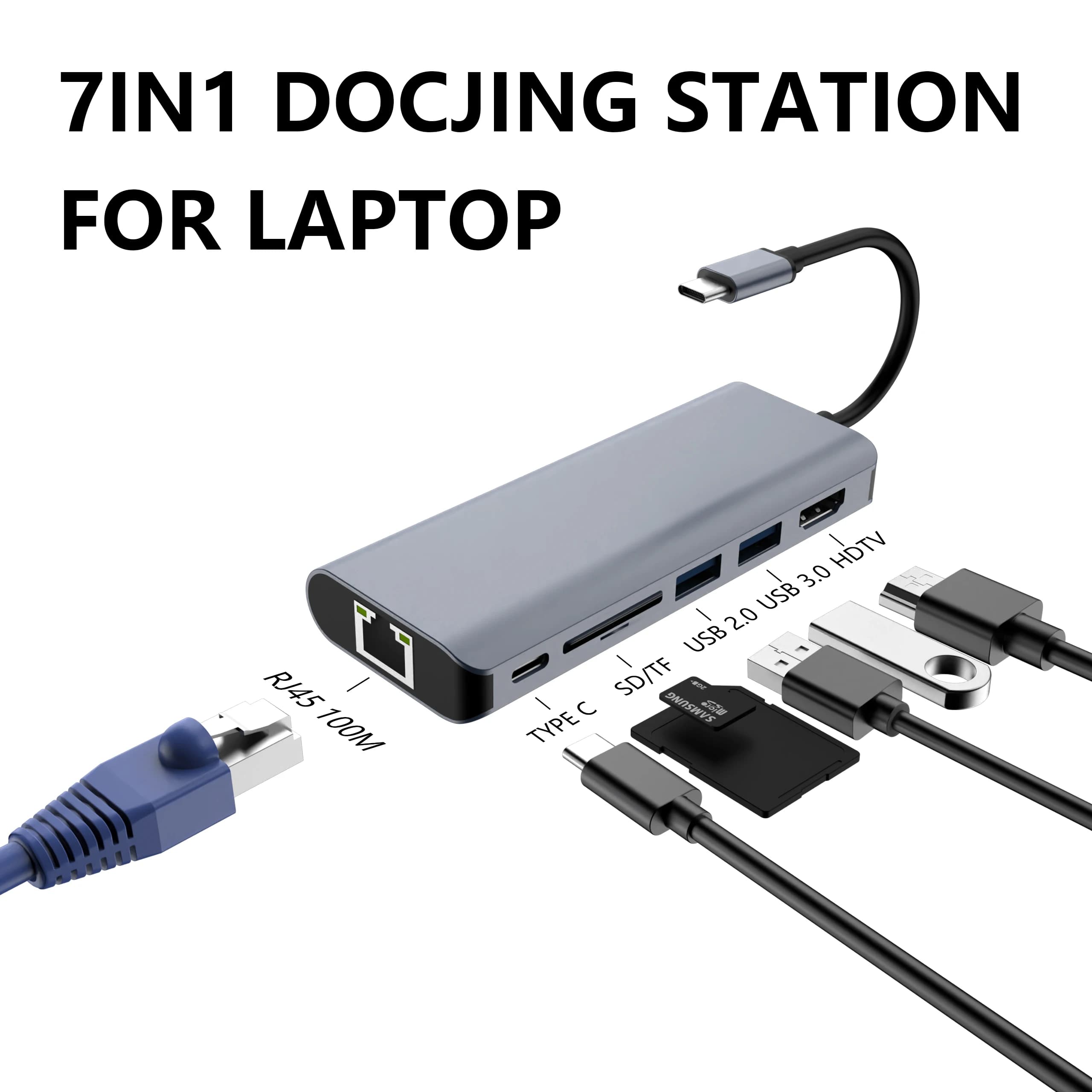 HUB USB 7 in 1 da USB C a HDMI Tipo C PD 100W RJ45 HDTV Lettore di schede SD/TF Porta USB 3.0 Docking station multi-hub per laptop Macbook