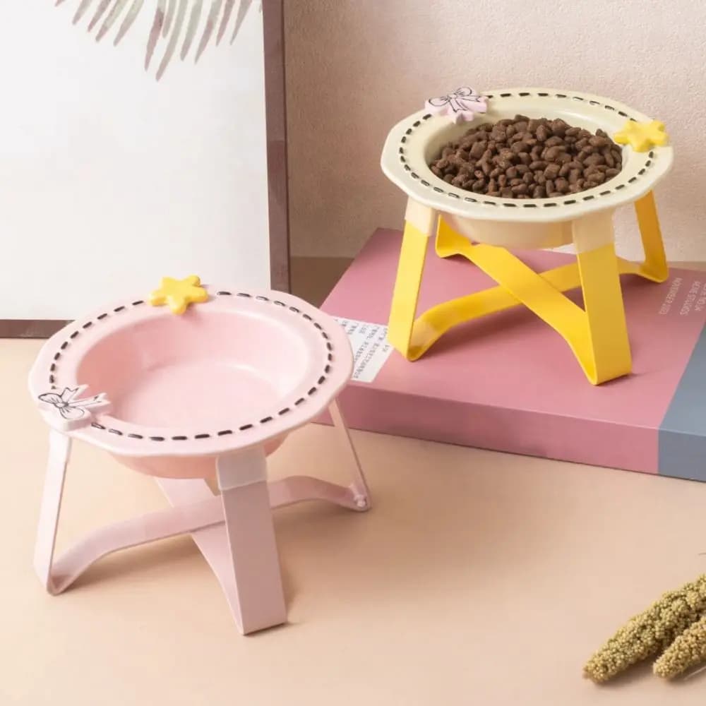Cute Ceramic Cat Bowl Anti Slip Neck Protection Elevated Pet Feeder Bowl Stable Detachable Cat Food Water Bowl