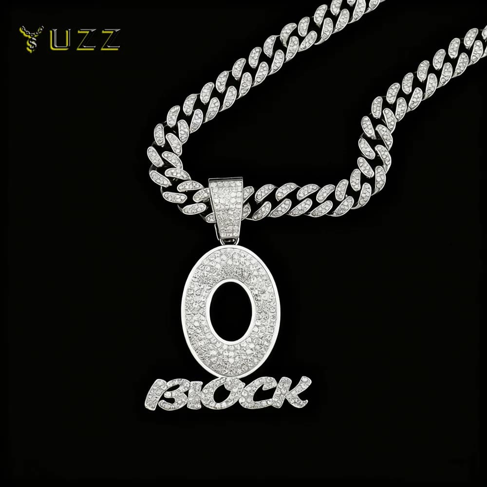 Trendy Hip Hop Letter Charm Letter O Block Pendant Necklace For Women Men Bling Iced Out Cuban Chain Necklaces Charm Jewelry