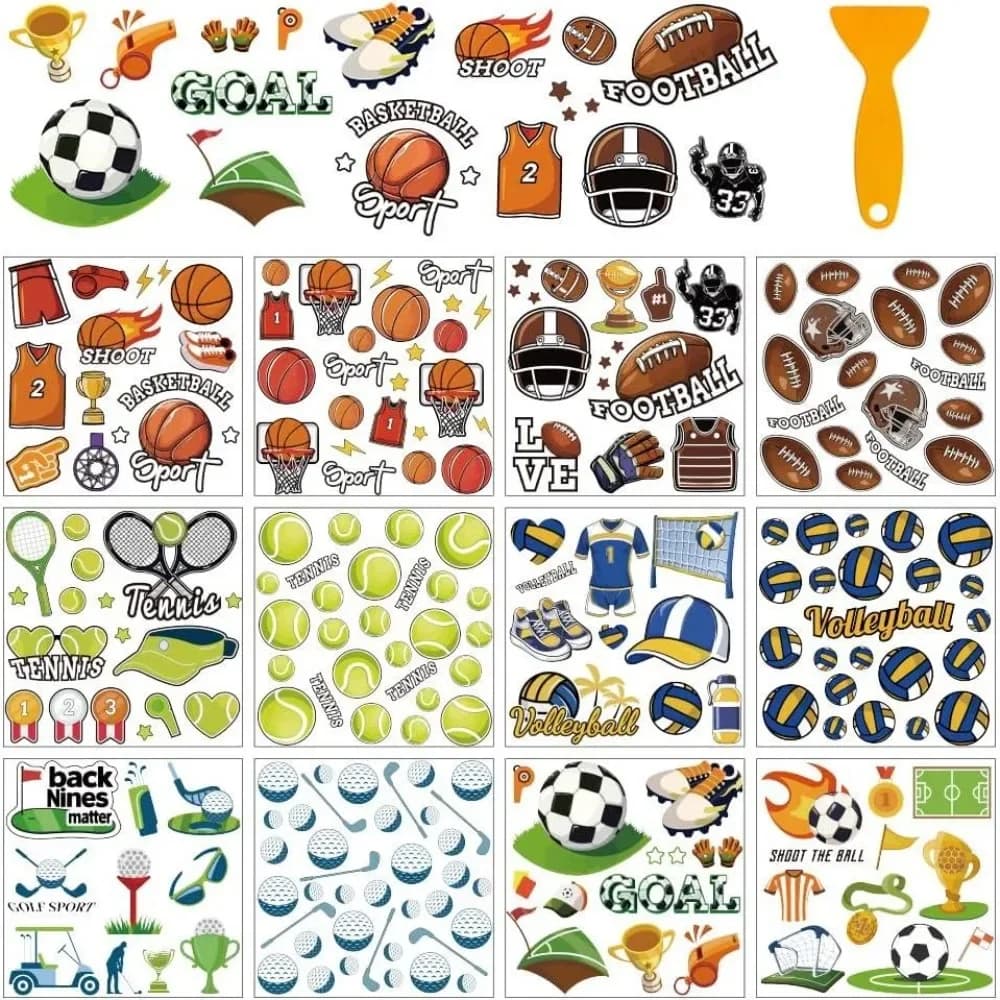 12 Sheets Ball Rub on Transfers for Crafts Football Basketball Golf Rugby Volleyball Tennis Decals Stickers Rub on Decals