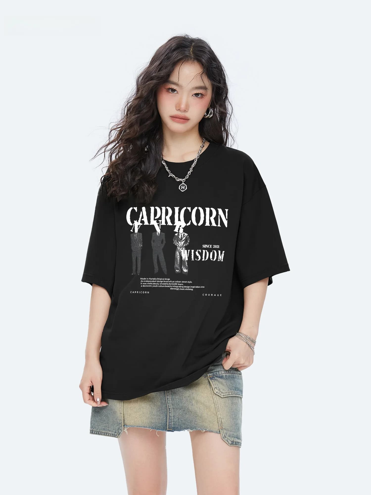 T-shirt da donna Capricorn American Letter Portrait in puro cotone a maniche corte, nuovo stile estivo, top a mezza manica ampio, streetwear.