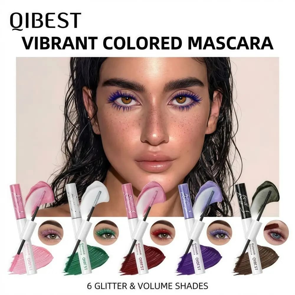 Mascara Glitter Diamantato QIBEST a Doppia Punta, Lunga Durata, Colorato Rosa Blu Rosso, Volumizzante e Impermeabile per Ciglia