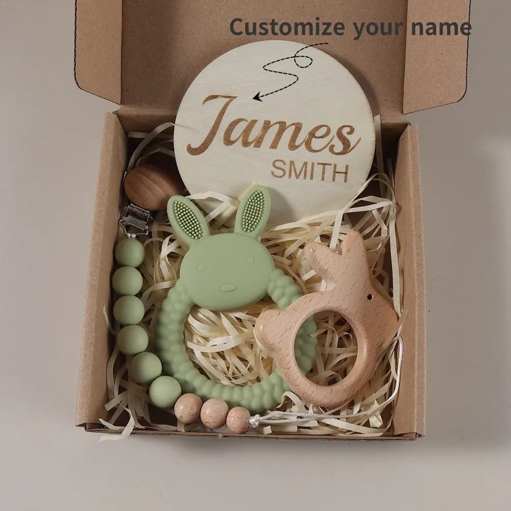 Set di massaggiagengive personalizzato per neonato coniglietto Set regalo per pietra miliare con catena per ciuccio essenziale per bambini