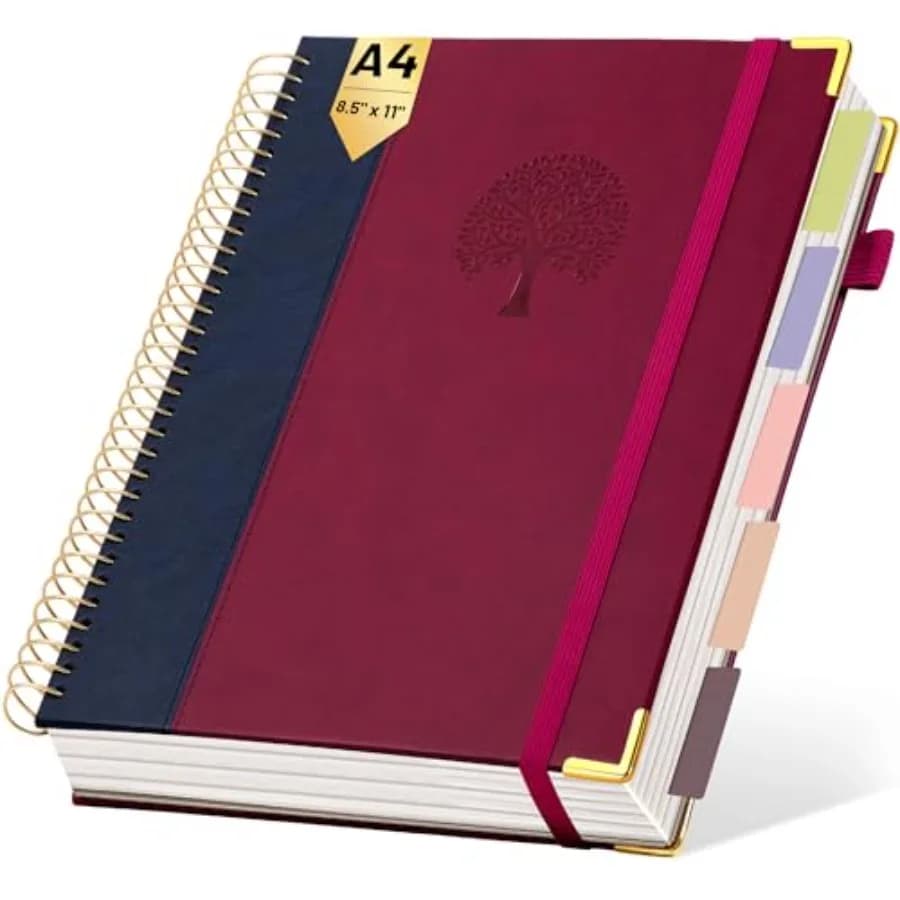 Hardcover Spiral Notebook 8.5" x 11" Leather 5 Subject Notebook College Ruled with Dividers Tabs 300 Pages Large Spiral Journal