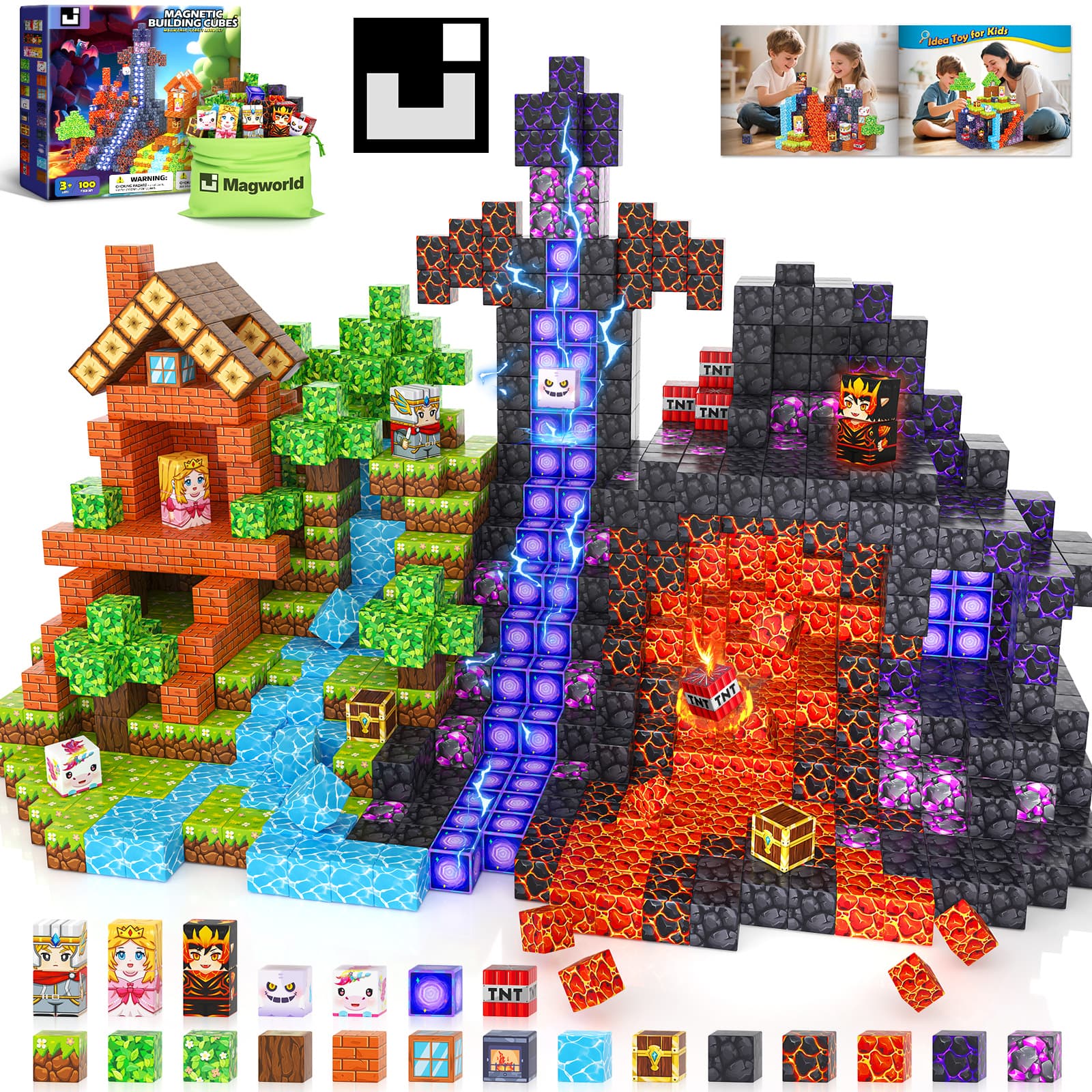 Magnetic Blocks - Build Mine 3D Magworld Forest Lava Set, STEM Magnetic Building Blocks for Kids Ages 4-6 6-8 8-12, Educational Sensory Toys for Toddlers, Birthday Gifts for 3+ Years Old Boys & Girls