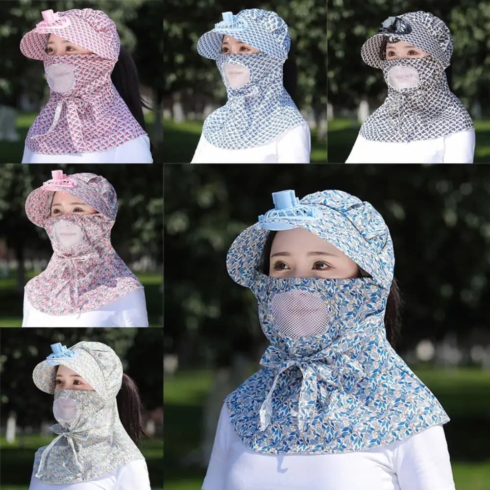 Cappello da campeggio con ventola a tesa larga alla moda Cappello da protezione solare integrale traspirante con ventilatore elettrico Cappello con cappuccio anti-UV da donna