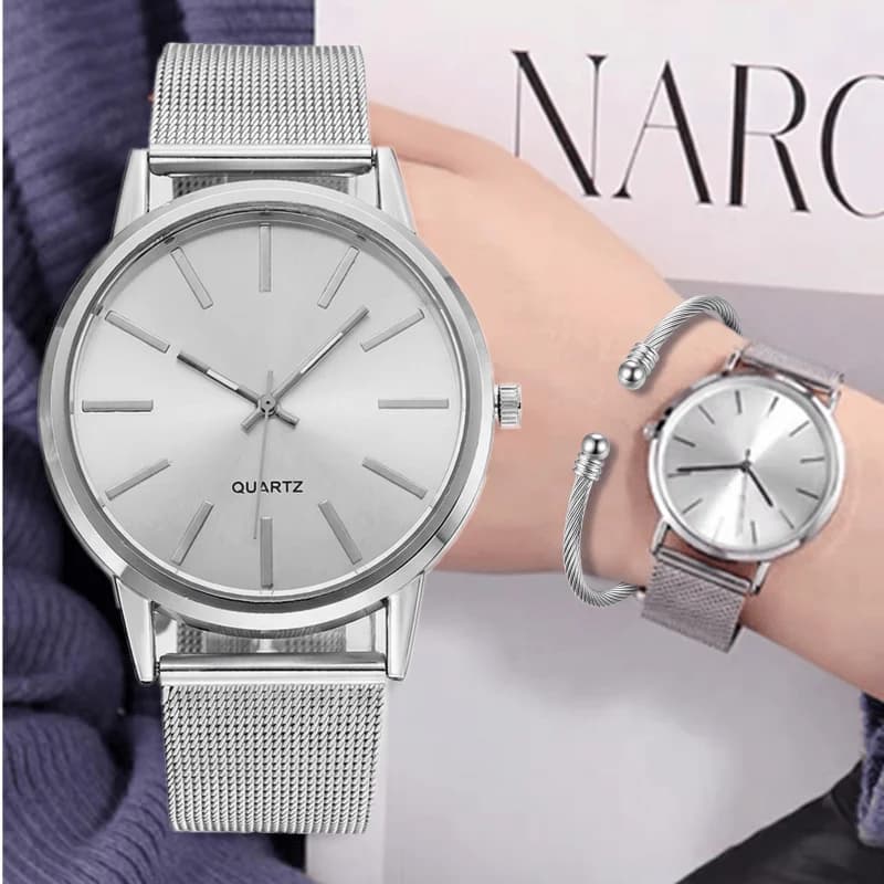 Set di 2 Bracciali di Lusso per Donna, Regalo Elegante con Orologio da Polso al Quarzo Analogico in Metallo