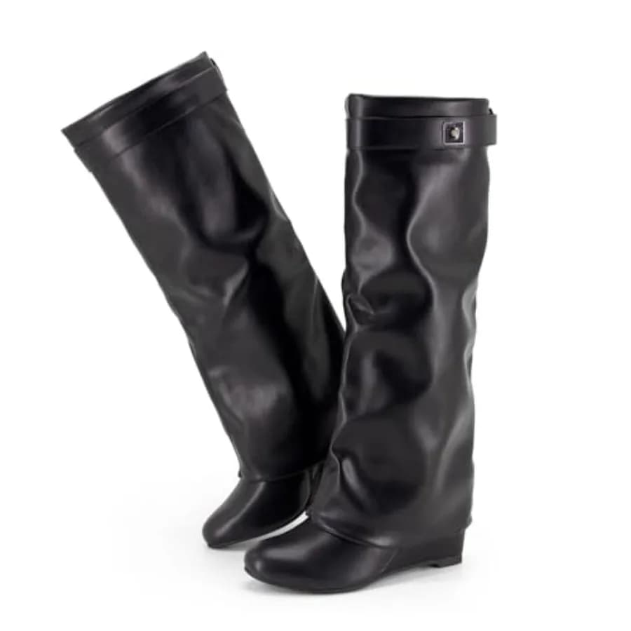 Stivali Pieghevoli da Donna al Ginocchio, Stivali Shark con Punta Tonda e Tacco a Zeppa, Scarpe Basse per Autunno Inverno, Scarpe Eleganti