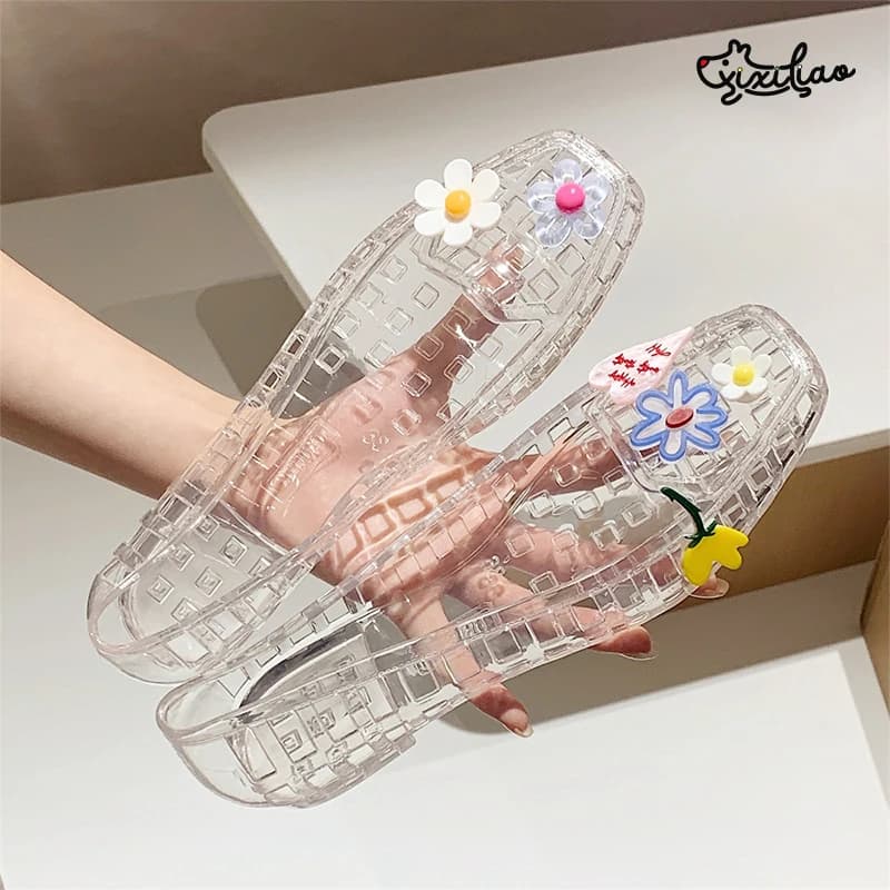 XIXITIAO Summer Women's Sandals French Crystal Casual Fashion Comfort Elegance Flat Hollow Jelly Shoes DIY Accessories Sandals