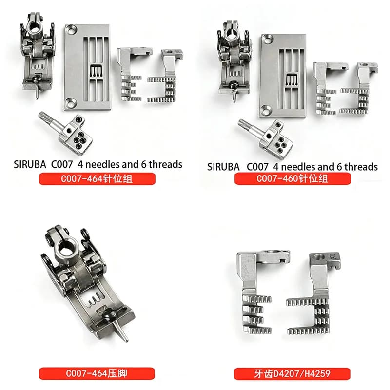 Set di aghi e piedino pressore con denti per macchina da cucire overlock SIRUBA C007 a 4 aghi e 6 fili con testa quadrata piccola GUAGE