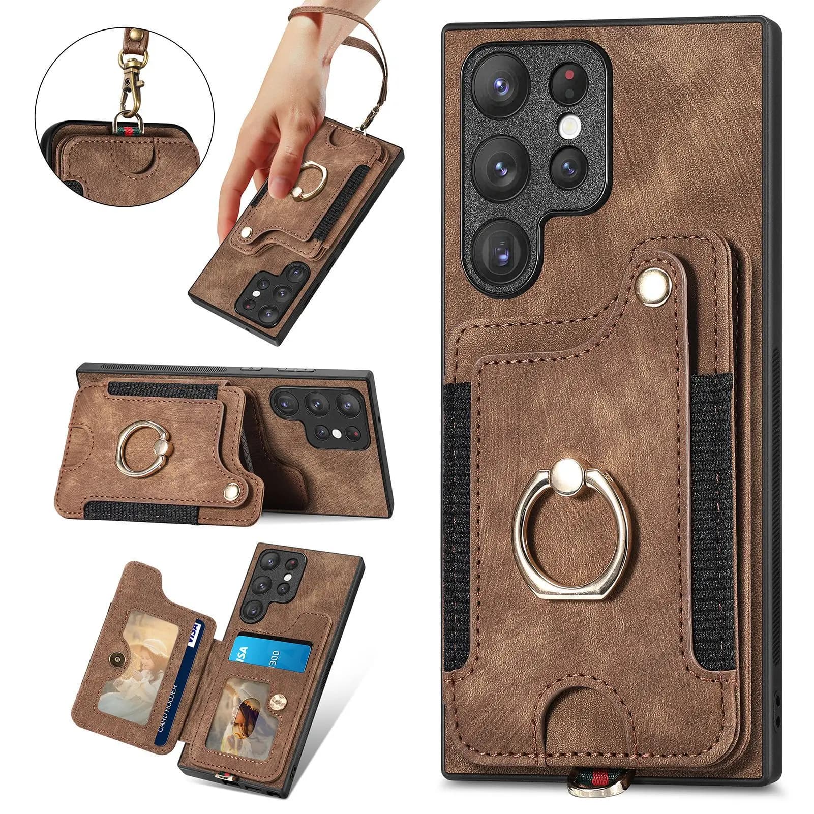 RFID Blocking Leather Lanyard Ring Case for OPPO Reno 13F 13 Pro 12 11F 11 10 Multi 4 Cards Slot Anti Drop Phone Cover Funda
