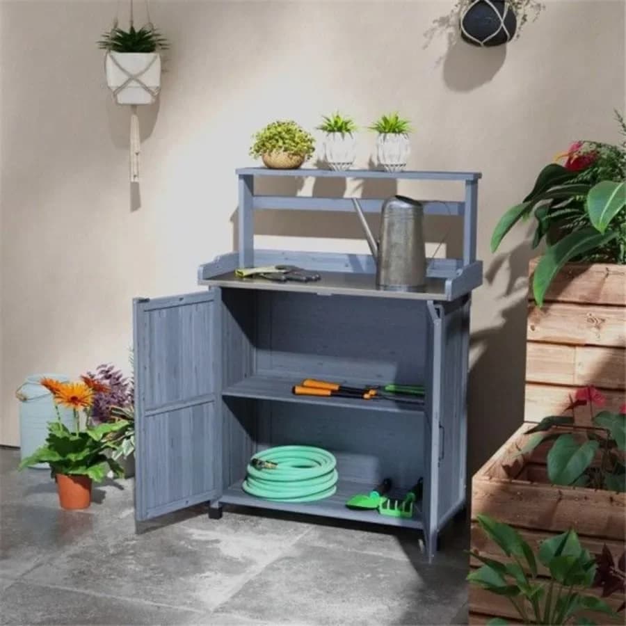 Invading bench with storage cabinet Bearing box for garden flower garden in rustic grey wood