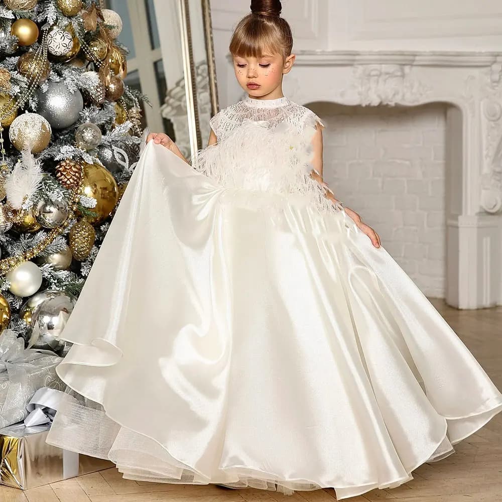 Jill Wish J398 Abito da ragazza bianco arabo di lusso che borda piume Abito da principessa per bambini Compleanno Festa di nozze Abito da prima comunione 2025