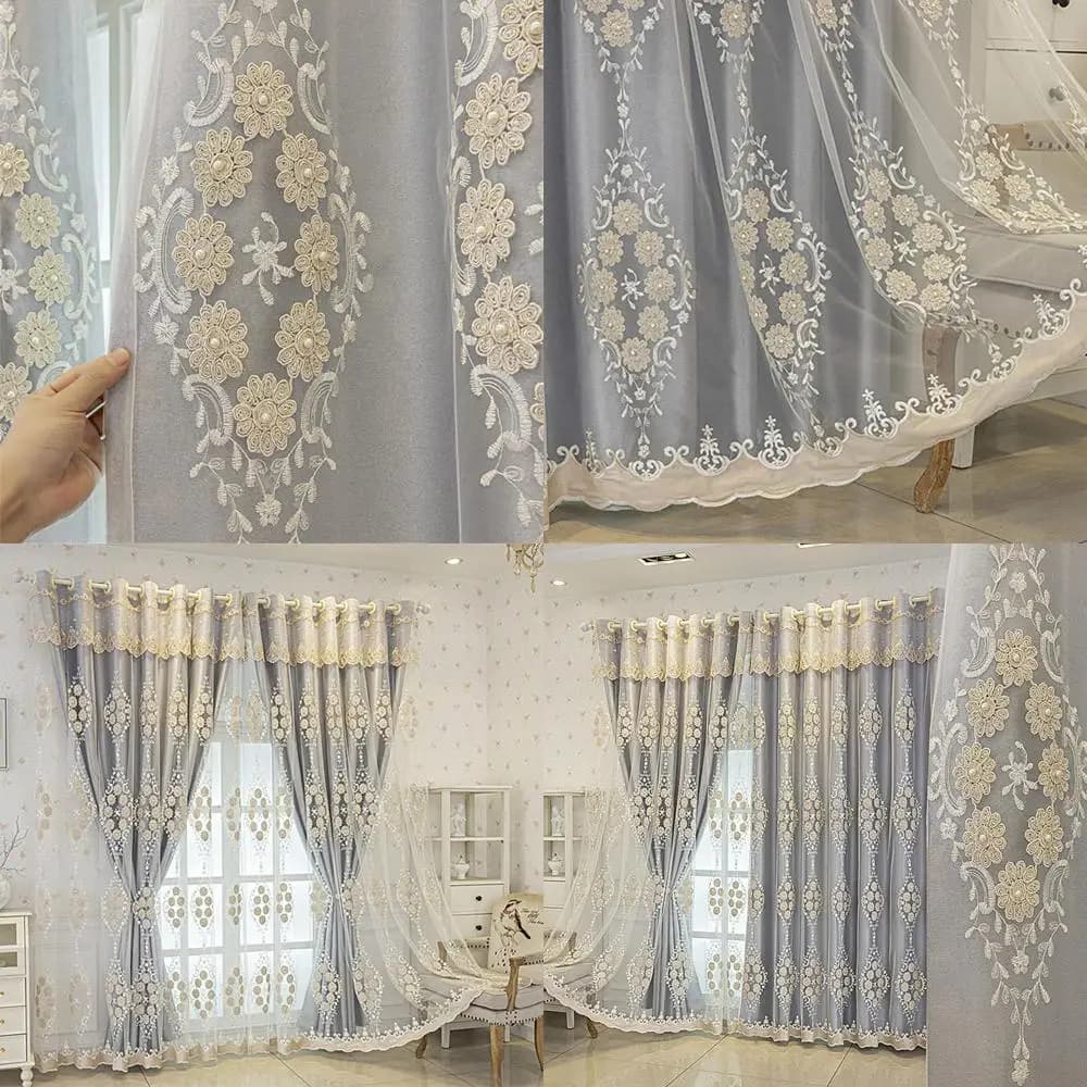 Tende a Doppio Strato con Ricamo Floreale 3D e Mantovana per Soggiorno e Camera da Letto (Grigio, 51x96 Pollici)