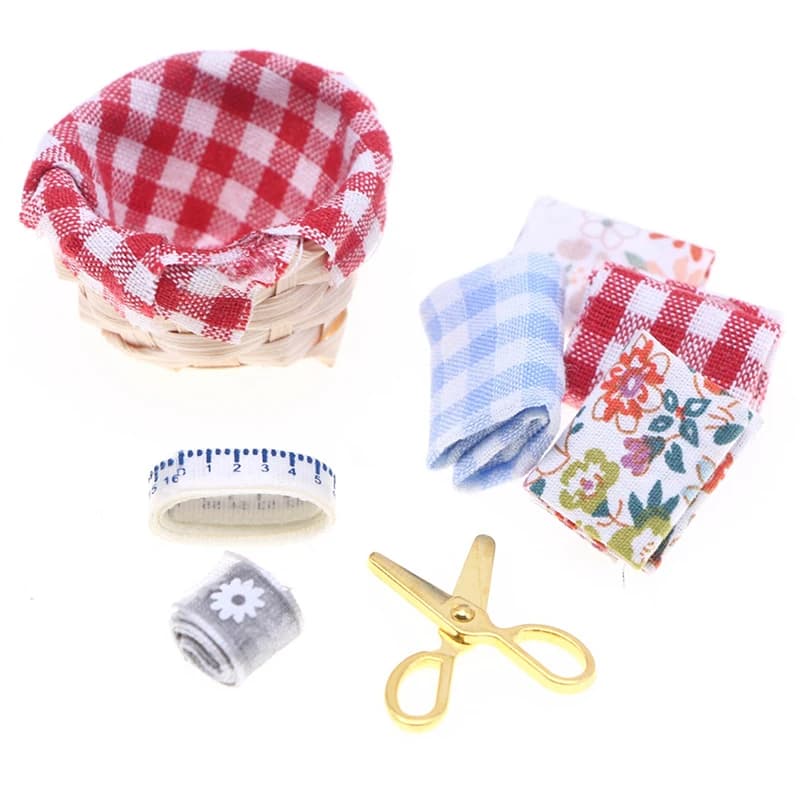 1Set 1:6/1:12 Casa delle bambole in miniatura Tessuto da cucire Cestino Righello Forbici Modello di casa Decorazione Giocattolo Casa di bambola Accessori
