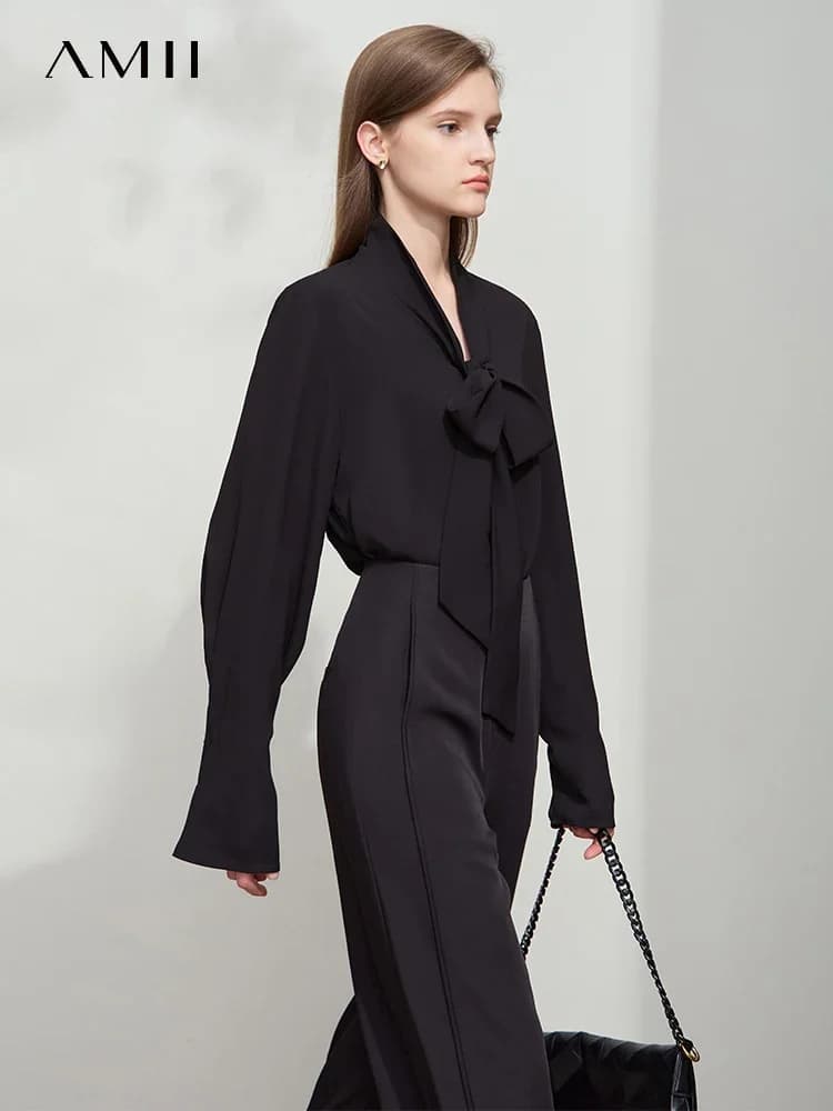 AMII Women's Premium Chiffon Shirt Minimalist 2025 Autumn New stylish loose basic shirt for French luxury commuters Top 12541048
