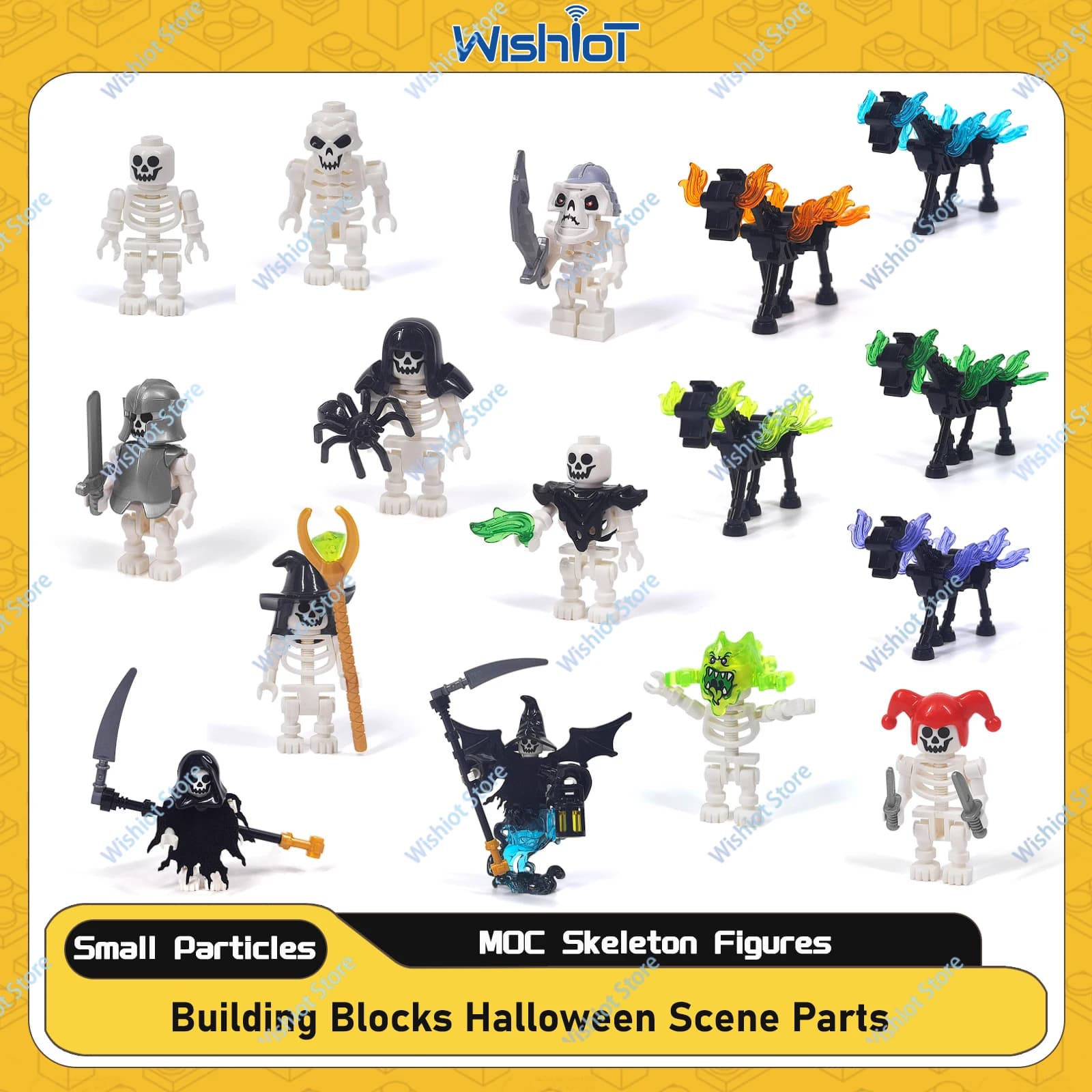MOC Scena di Halloween Scheletro Esercito Mini bambola Fantasma Fiamma Cavallo Building Blocks Figure Assemblaggio fai da te Personaggio Bambola Regalo per bambini Giocattoli